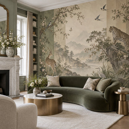 Chinoiserie Wildlife Landscape Wallpaper Misty Mountains Wall Mural