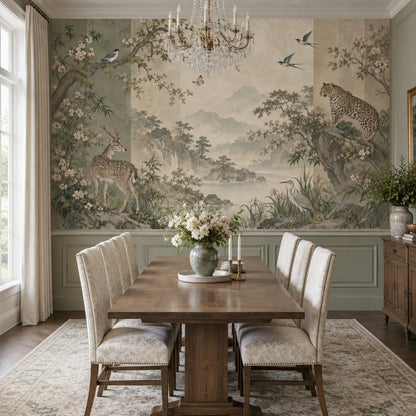 Chinoiserie Wildlife Landscape Wallpaper Misty Mountains Wall Mural