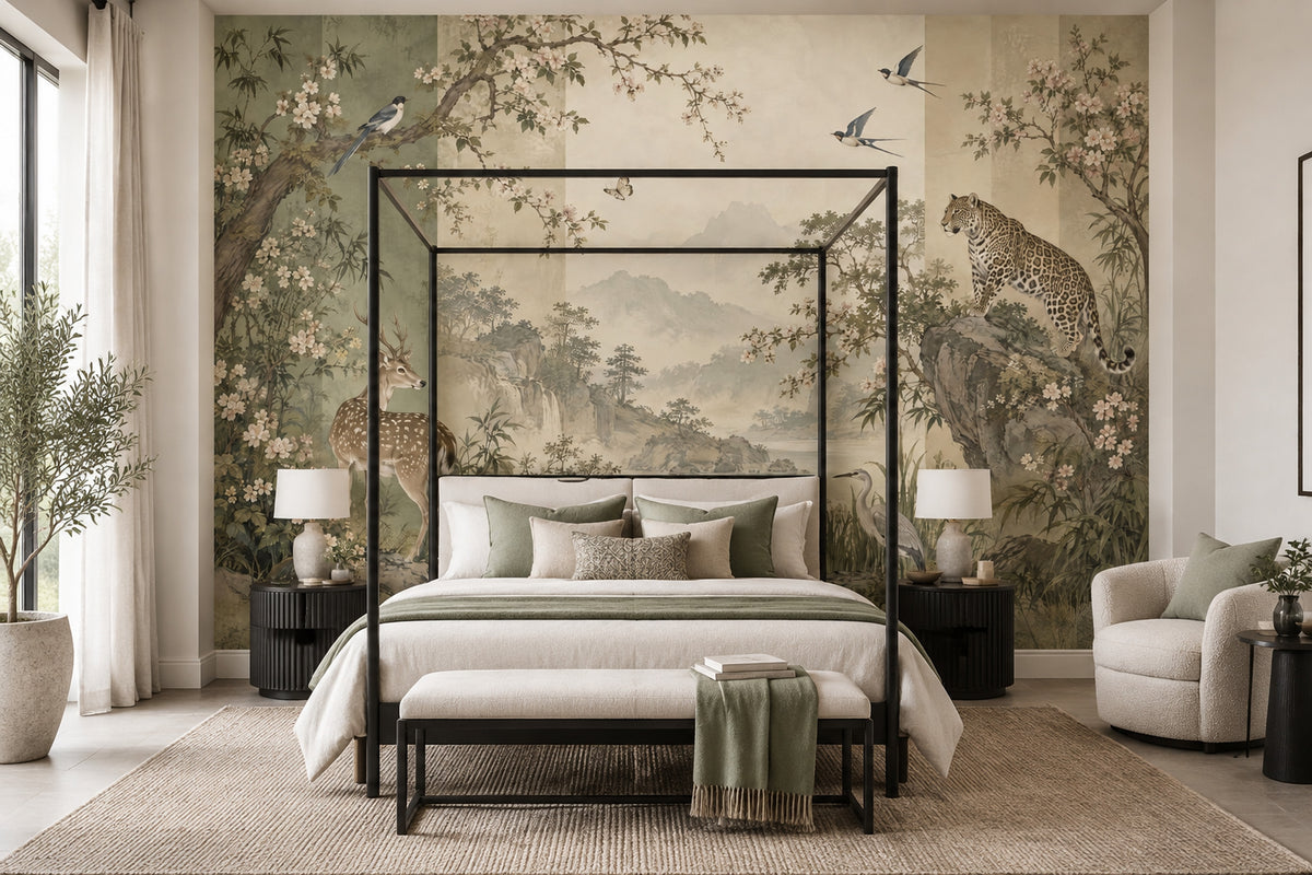 Chinoiserie Wildlife Landscape Wallpaper Misty Mountains Wall Mural