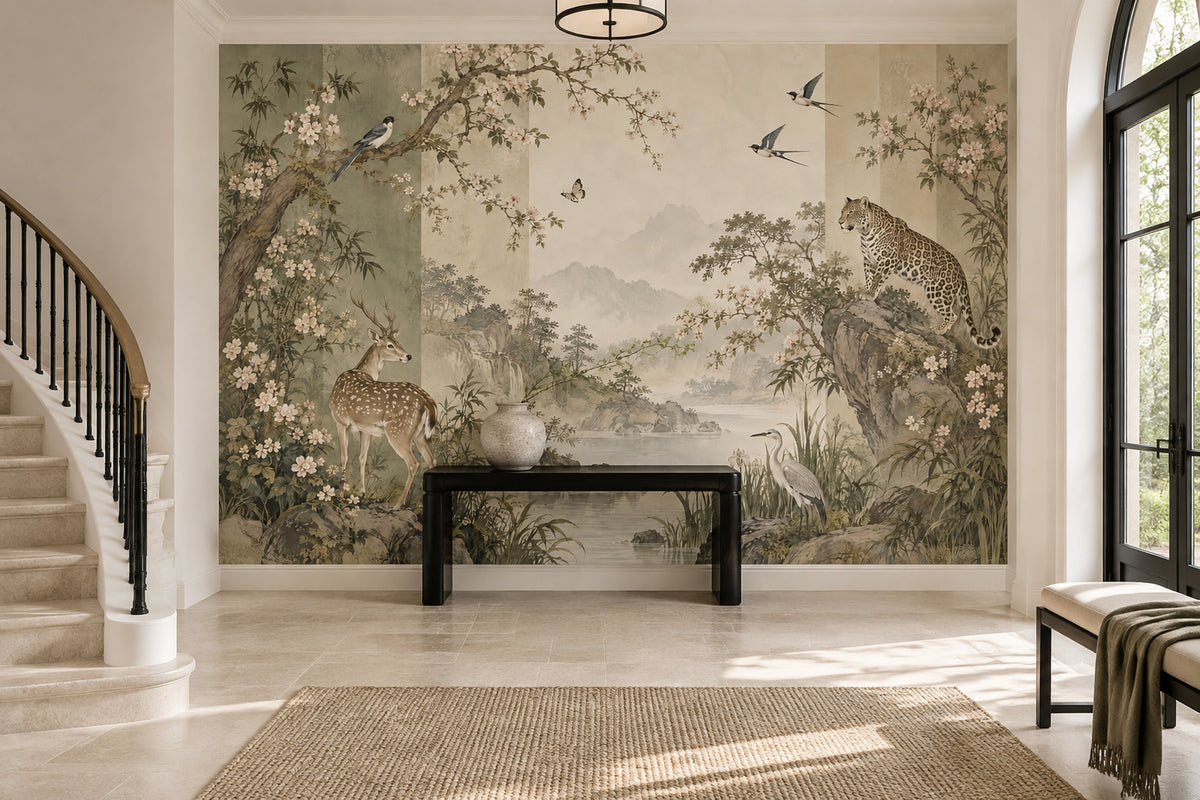Chinoiserie Wildlife Landscape Wallpaper Misty Mountains Wall Mural
