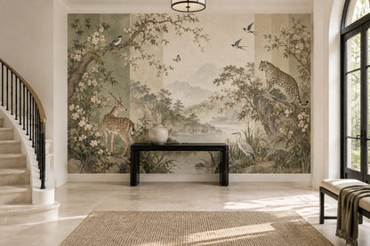 Chinoiserie Wildlife Landscape Wallpaper Misty Mountains Wall Mural