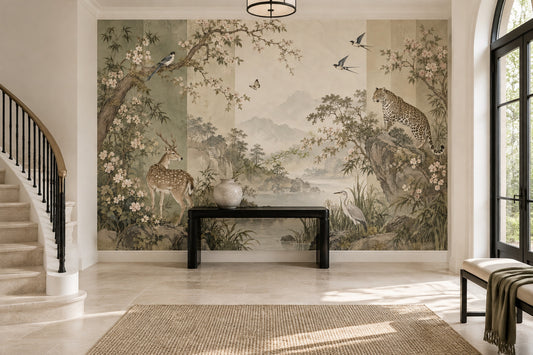 Chinoiserie Wildlife Landscape Wallpaper Misty Mountains Wall Mural