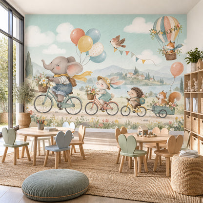 Watercolor Animal Bike Parade Wallpaper Pastel Hot Air Balloon Wall Mural
