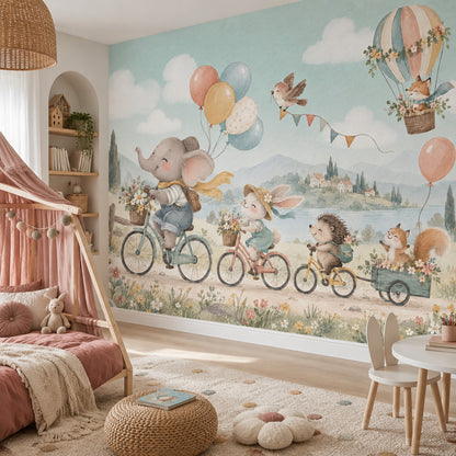 Watercolor Animal Bike Parade Wallpaper Pastel Hot Air Balloon Wall Mural