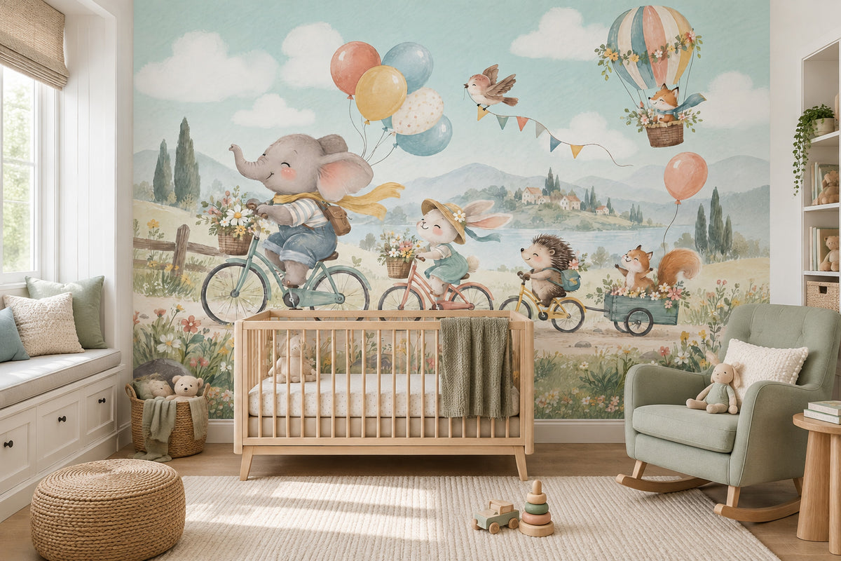 Watercolor Animal Bike Parade Wallpaper Pastel Hot Air Balloon Wall Mural
