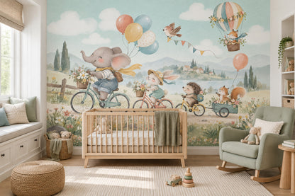 Watercolor Animal Bike Parade Wallpaper Pastel Hot Air Balloon Wall Mural