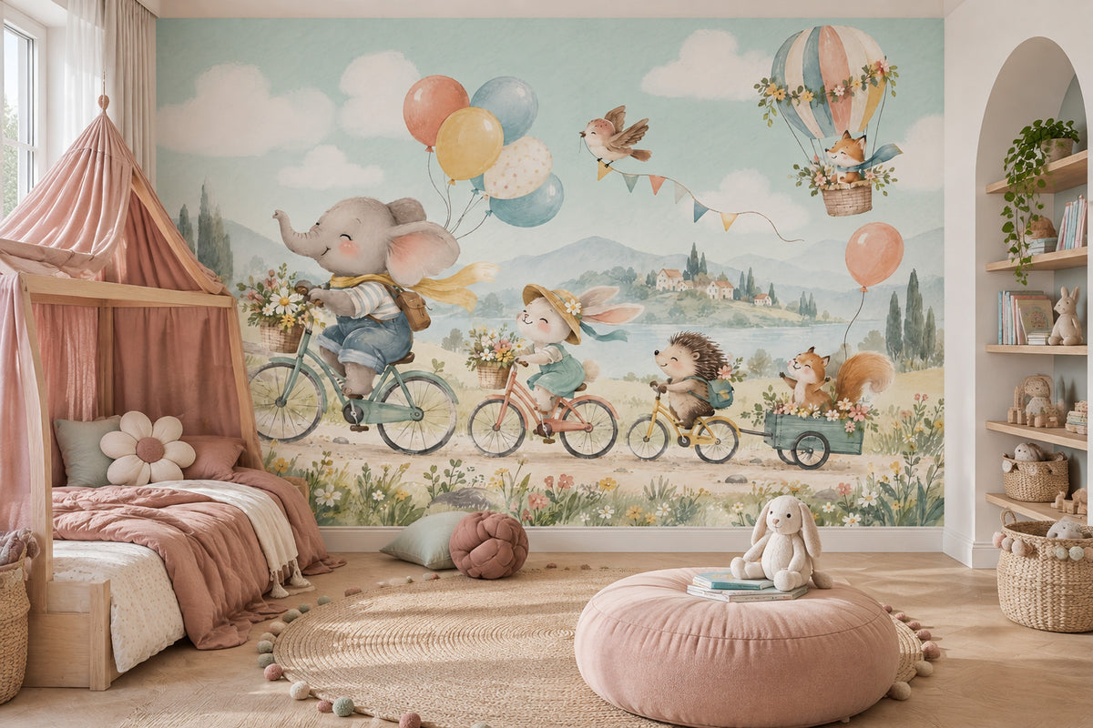 Watercolor Animal Bike Parade Wallpaper Pastel Hot Air Balloon Wall Mural