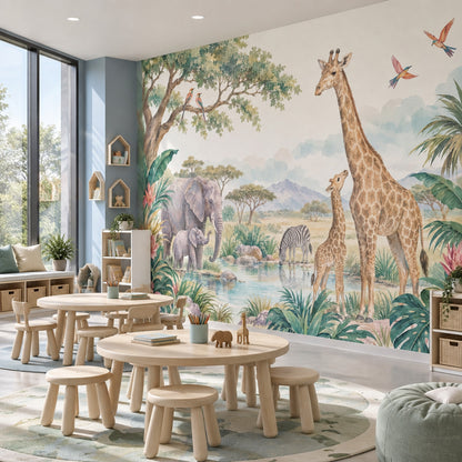 Safari Animals Wallpaper Watercolor Nursery Wall Mural