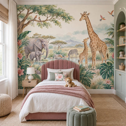 Safari Animals Wallpaper Watercolor Nursery Wall Mural