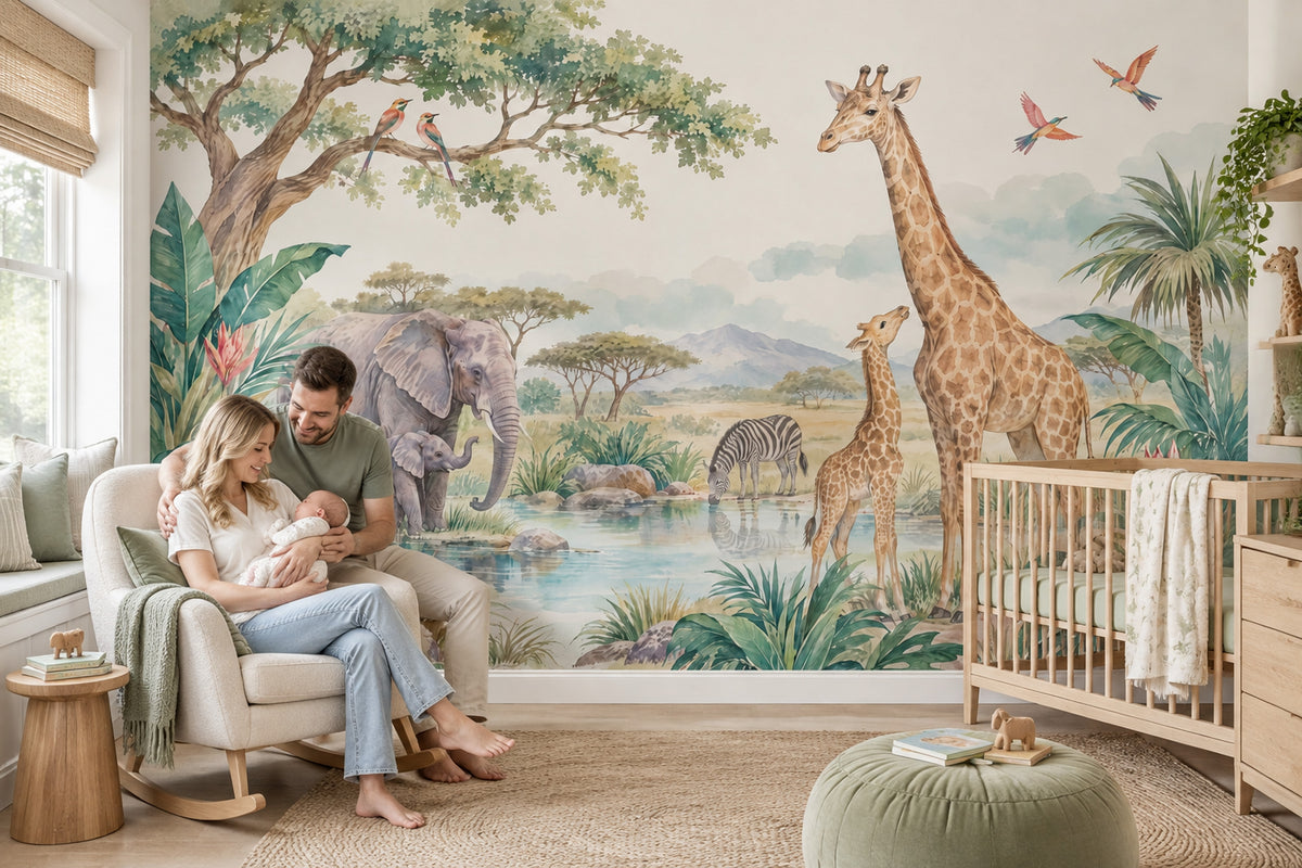 Safari Animals Wallpaper Watercolor Nursery Wall Mural