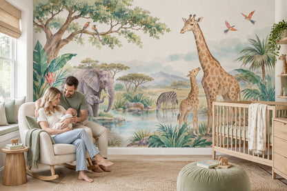 Safari Animals Wallpaper Watercolor Nursery Wall Mural