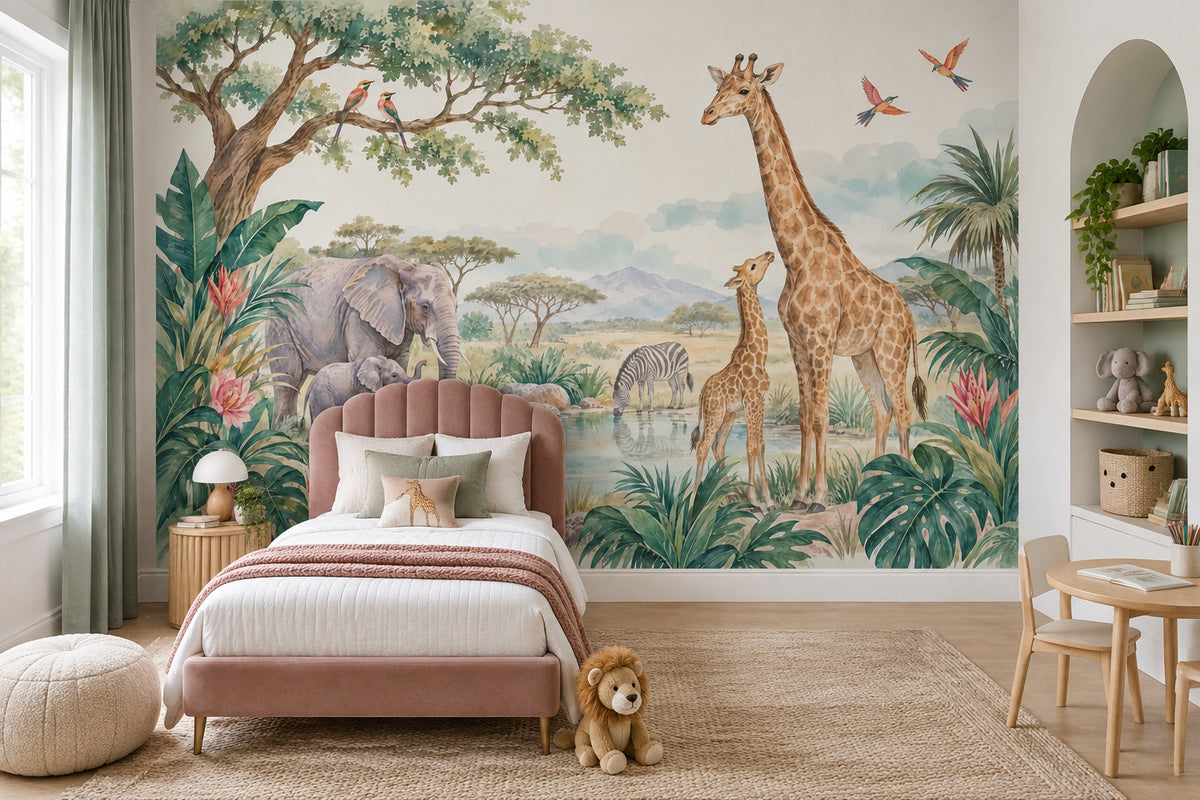 Safari Animals Wallpaper Watercolor Nursery Wall Mural