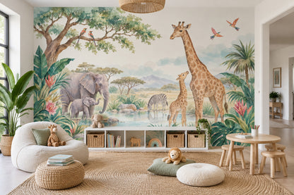 Safari Animals Wallpaper Watercolor Nursery Wall Mural