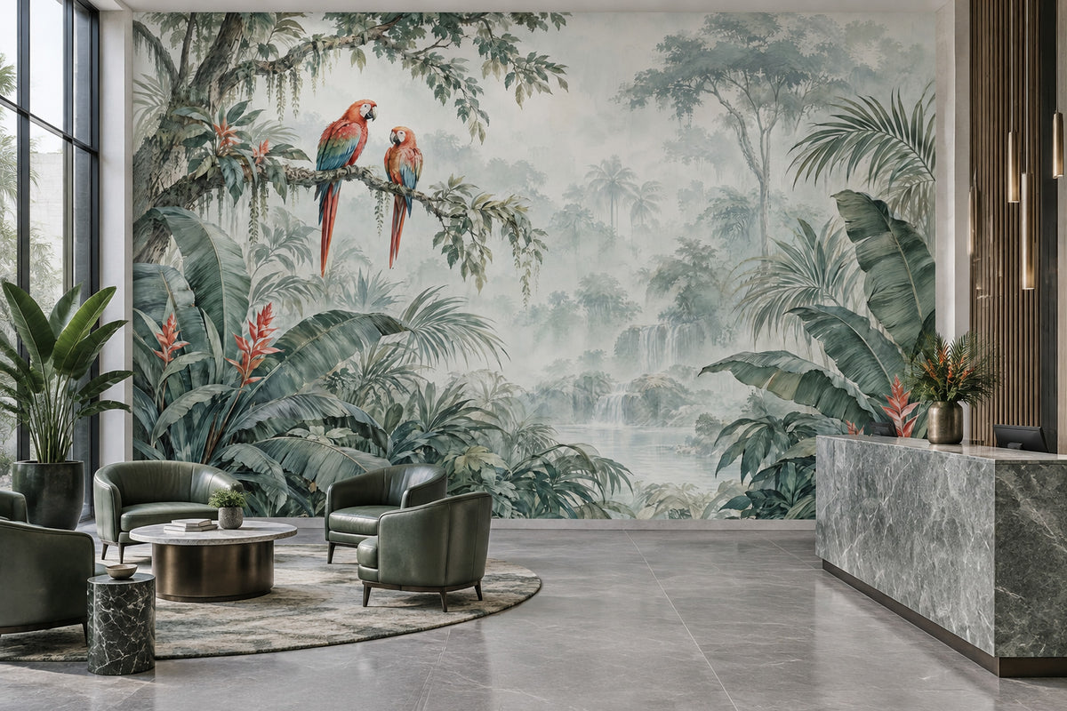 Macaws Tropical Jungle Wallpaper Watercolor Botanical Wall Mural