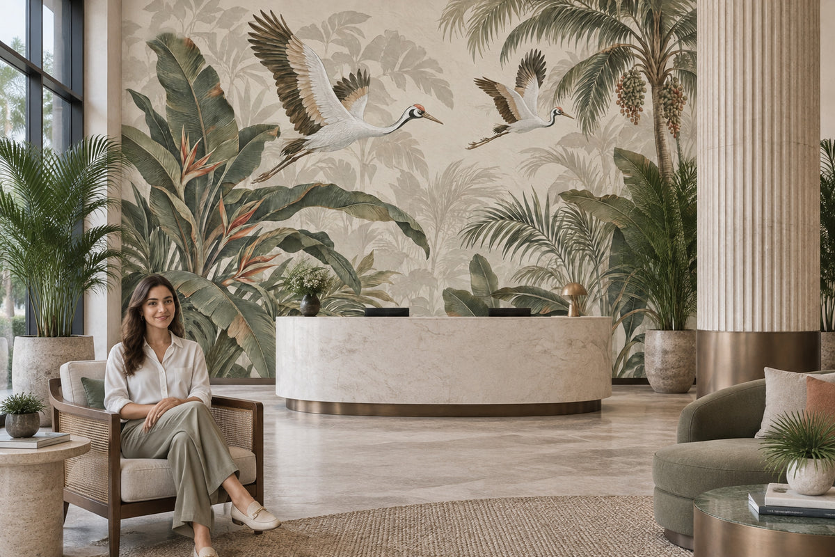 Tropical Cranes Wallpaper Vintage Jungle Wall Mural