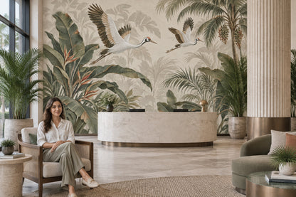 Tropical Cranes Wallpaper Vintage Jungle Wall Mural