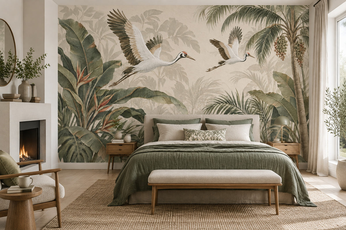 Tropical Cranes Wallpaper Vintage Jungle Wall Mural