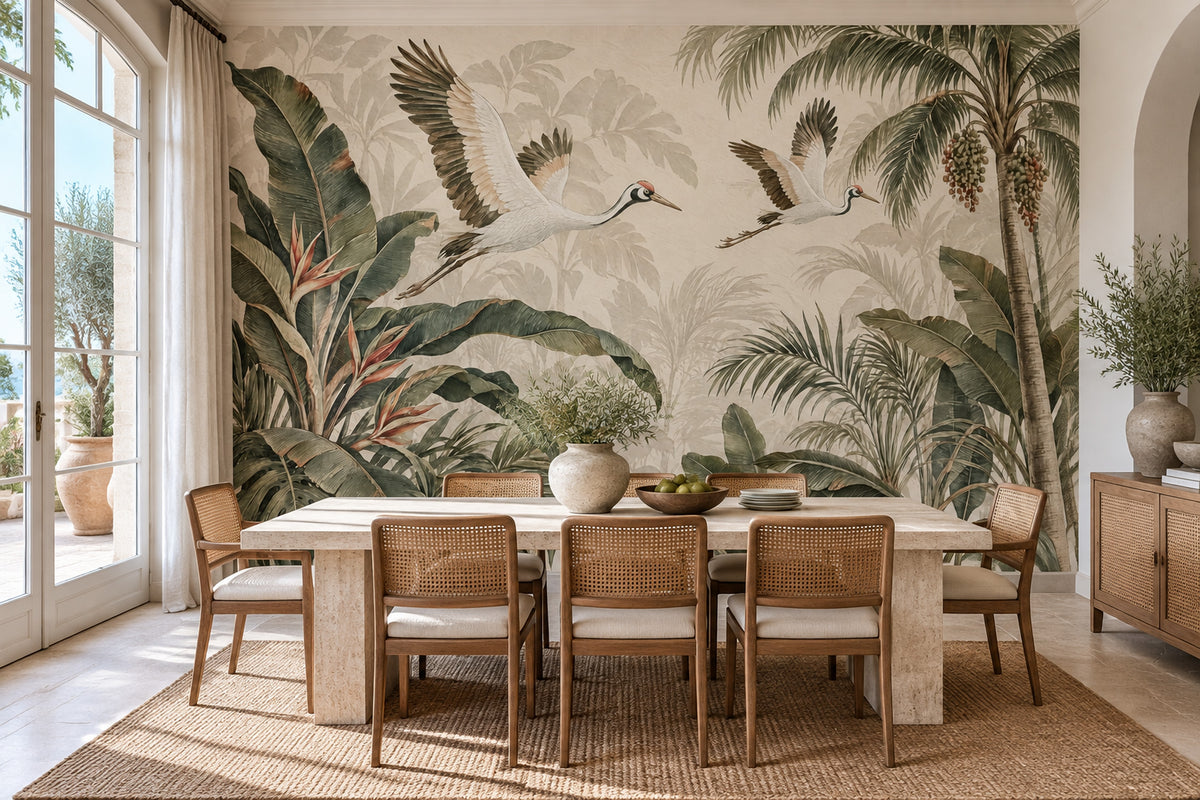 Tropical Cranes Wallpaper Vintage Jungle Wall Mural