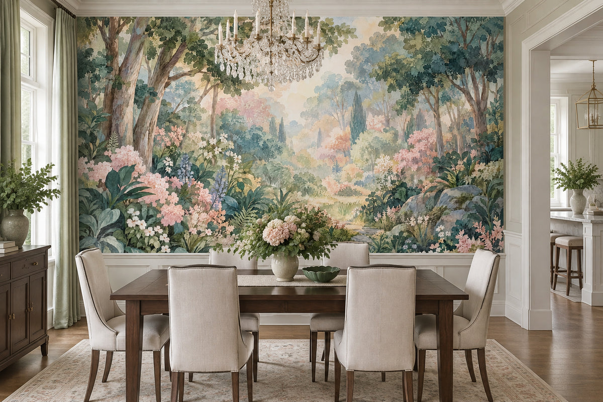 Watercolor Garden Path Wallpaper Romantic Botanical Wall Mural