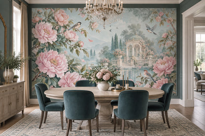Pink Peonies Wallpaper Classical Pavilion Wall Mural