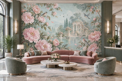 Pink Peonies Wallpaper Classical Pavilion Wall Mural