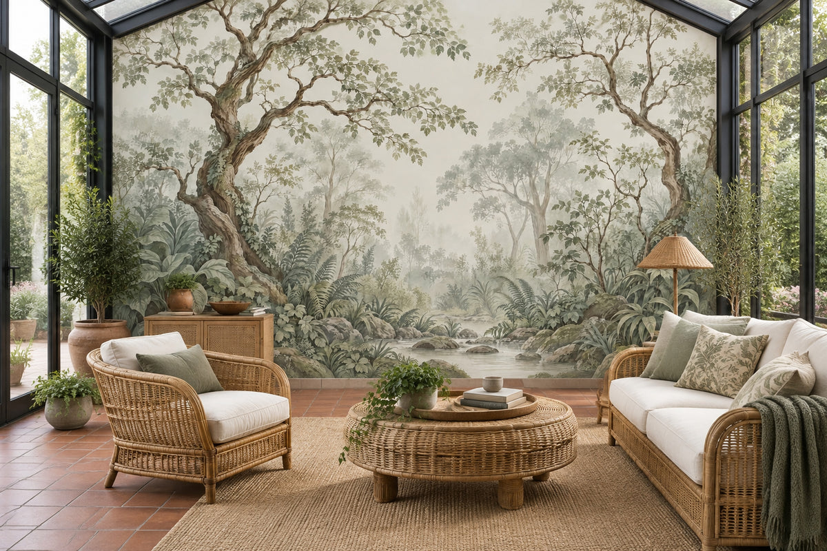 Misty Forest Wallpaper Watercolor Landscape Wall Mural