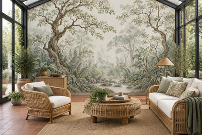 Misty Forest Wallpaper Watercolor Landscape Wall Mural