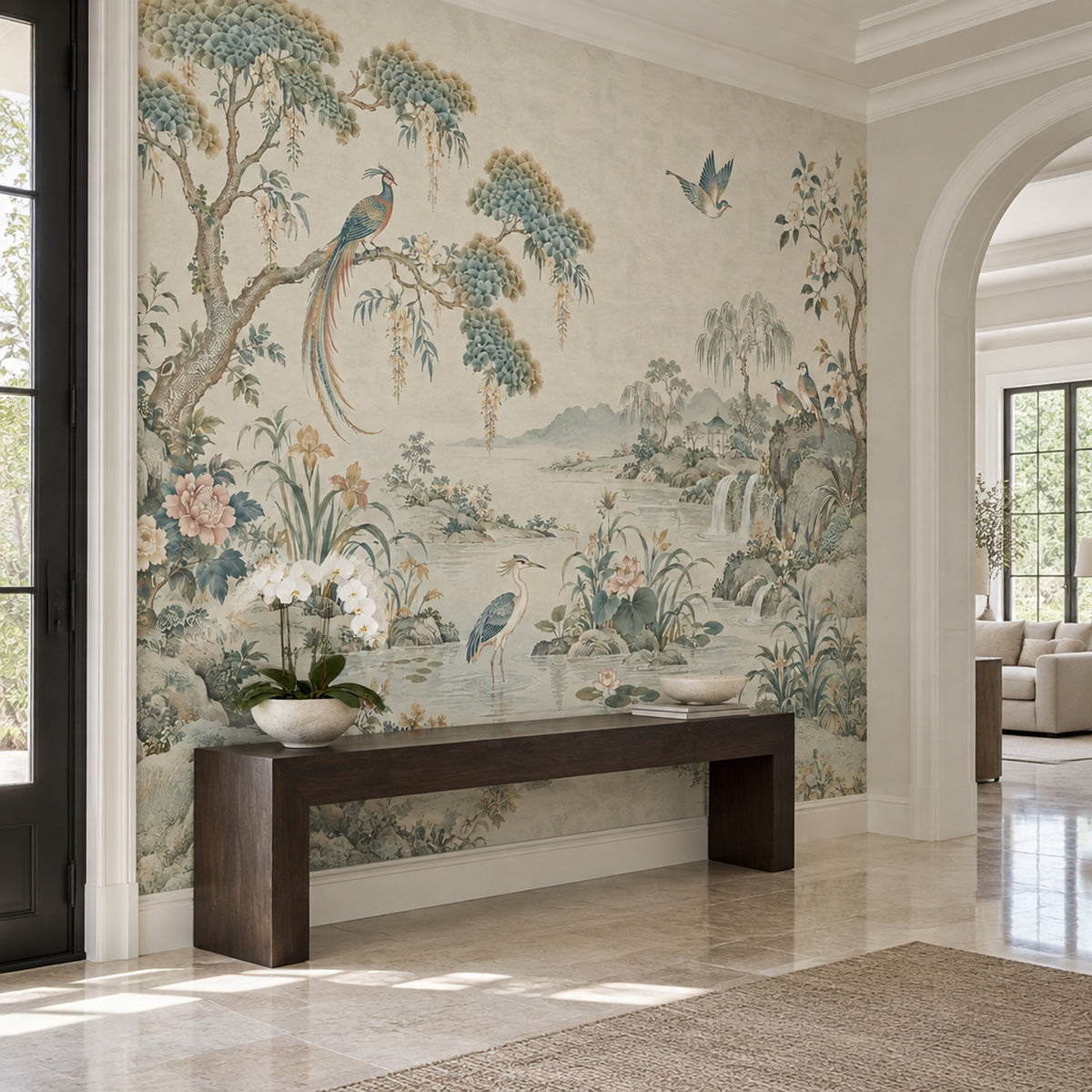 Chinoiserie Birds And Waterfall Wallpaper Ivory Garden Wall Mural