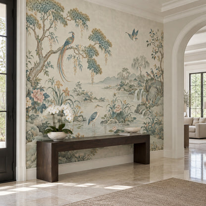 Chinoiserie Birds And Waterfall Wallpaper Ivory Garden Wall Mural