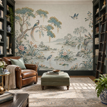 Chinoiserie Birds And Waterfall Wallpaper Ivory Garden Wall Mural