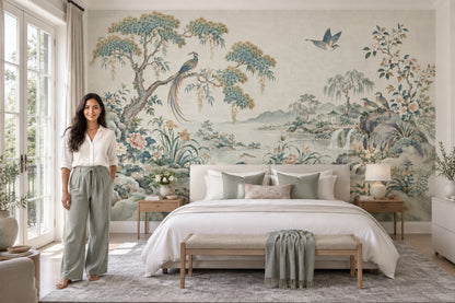 Chinoiserie Birds And Waterfall Wallpaper Ivory Garden Wall Mural