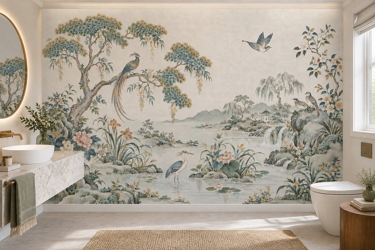 Chinoiserie Birds And Waterfall Wallpaper Ivory Garden Wall Mural
