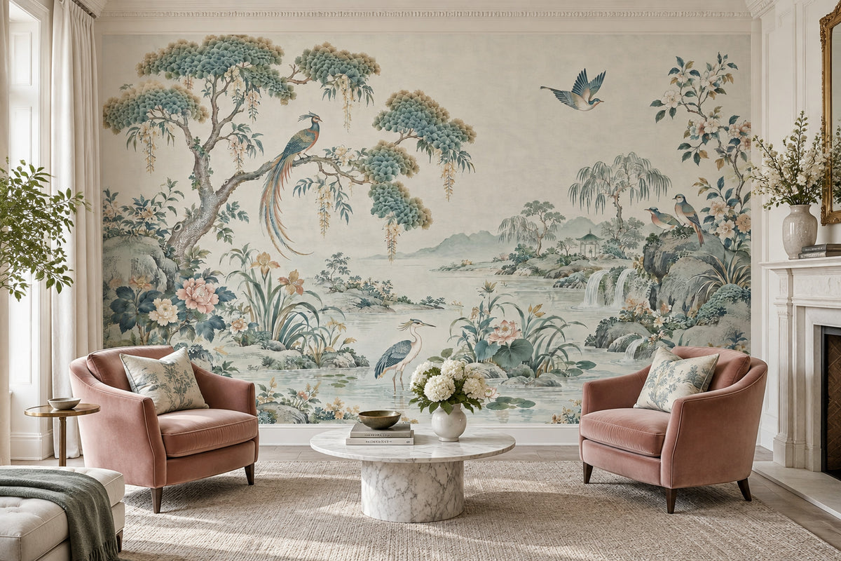 Chinoiserie Birds And Waterfall Wallpaper Ivory Garden Wall Mural
