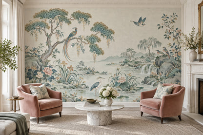 Chinoiserie Birds And Waterfall Wallpaper Ivory Garden Wall Mural