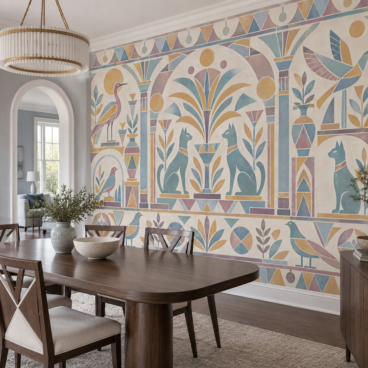 Egyptian Cats And Birds Wallpaper Pastel Geometric Wall Mural