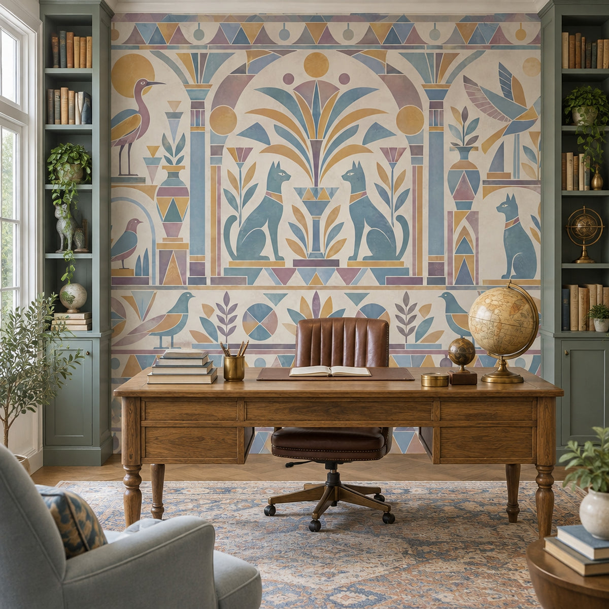 Egyptian Cats And Birds Wallpaper Pastel Geometric Wall Mural
