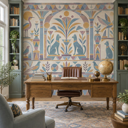 Egyptian Cats And Birds Wallpaper Pastel Geometric Wall Mural
