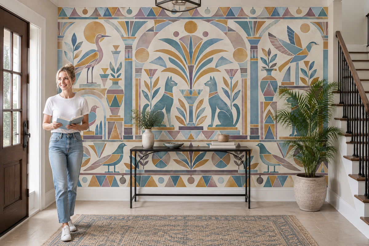 Egyptian Cats And Birds Wallpaper Pastel Geometric Wall Mural