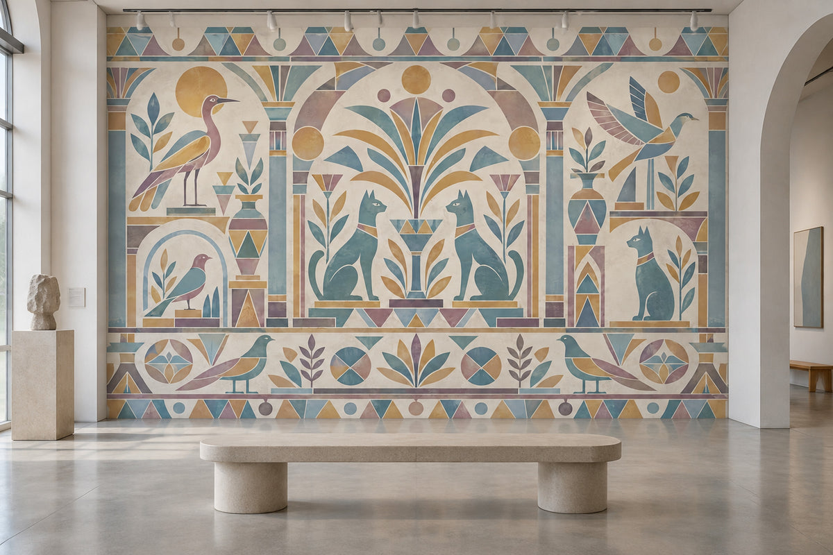 Egyptian Cats And Birds Wallpaper Pastel Geometric Wall Mural