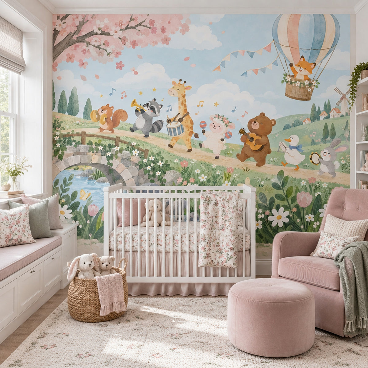 Watercolor Animal Orchestra Wallpaper Fairy Tale Landscape Wall Mural