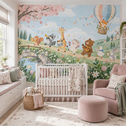 Watercolor Animal Orchestra Wallpaper Fairy Tale Landscape Wall Mural