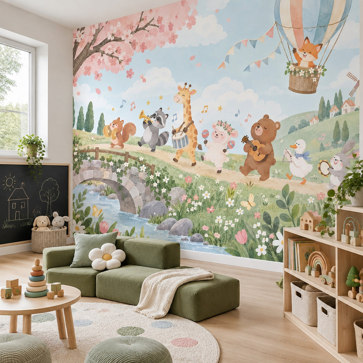 Watercolor Animal Orchestra Wallpaper Fairy Tale Landscape Wall Mural