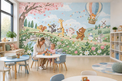Watercolor Animal Orchestra Wallpaper Fairy Tale Landscape Wall Mural