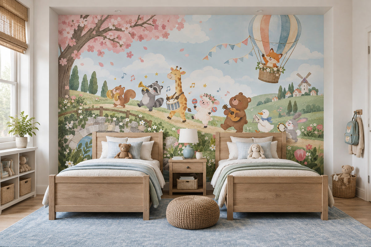 Watercolor Animal Orchestra Wallpaper Fairy Tale Landscape Wall Mural