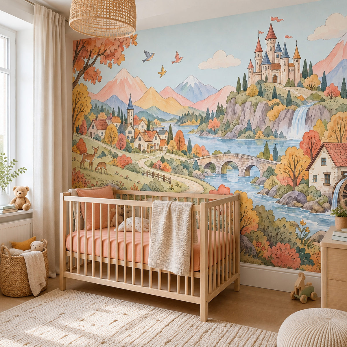 Watercolor Castle Landscape Wallpaper Pastel Storybook Wall Mural
