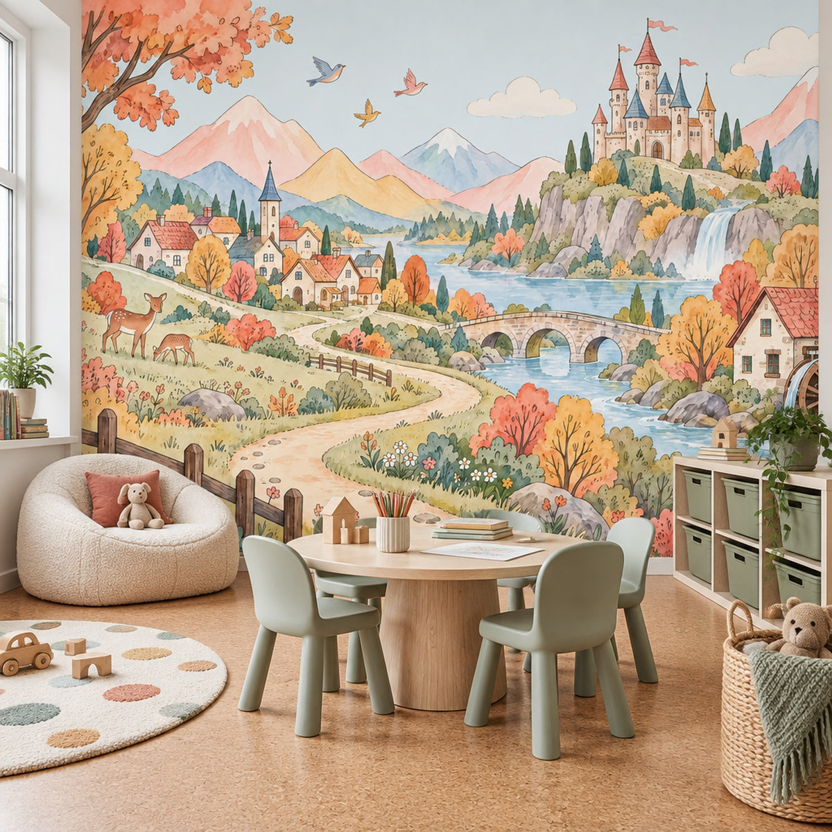Watercolor Castle Landscape Wallpaper Pastel Storybook Wall Mural