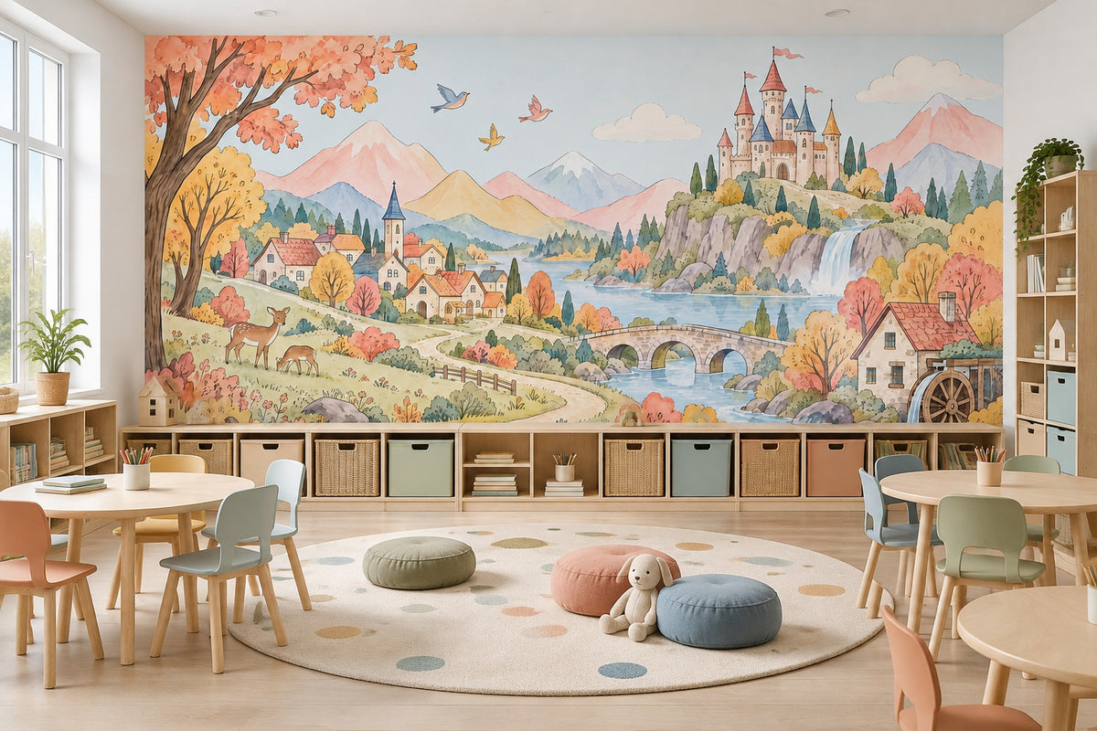 Watercolor Castle Landscape Wallpaper Pastel Storybook Wall Mural