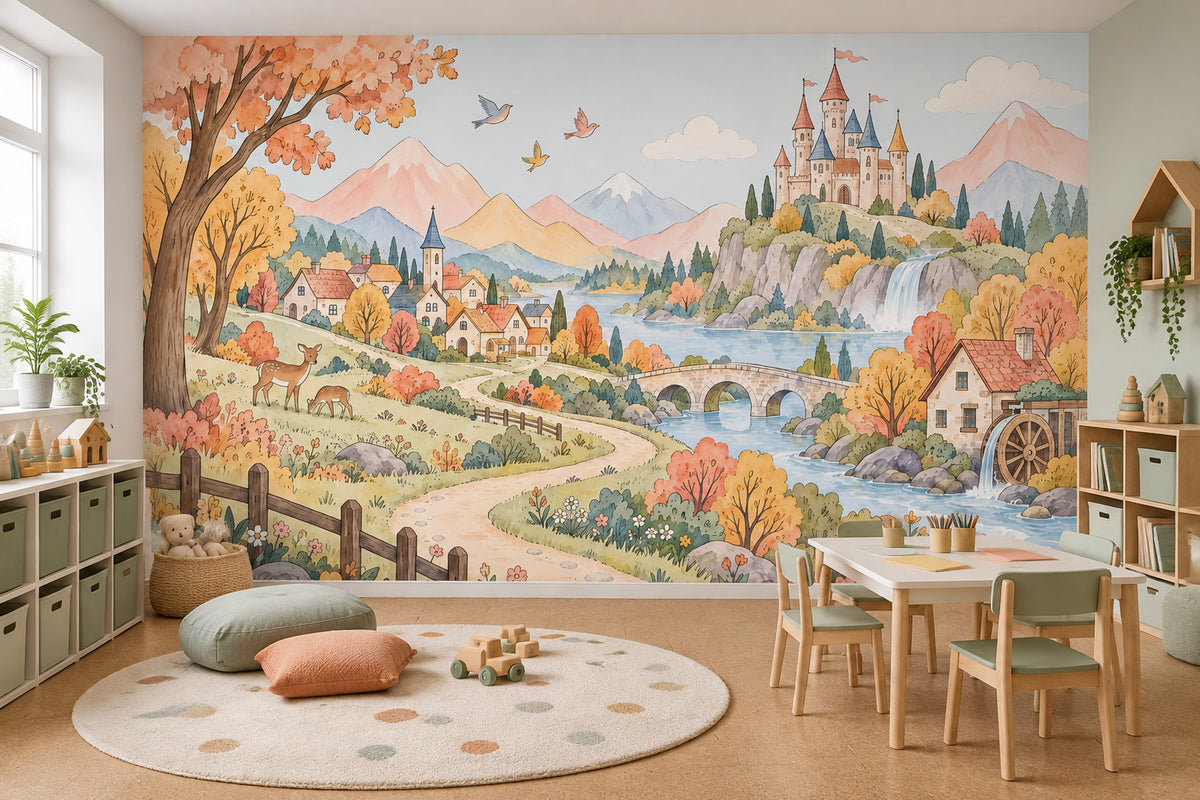 Watercolor Castle Landscape Wallpaper Pastel Storybook Wall Mural