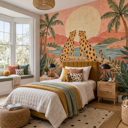 Cheetahs And Palms Wallpaper Muted Green Wall Mural