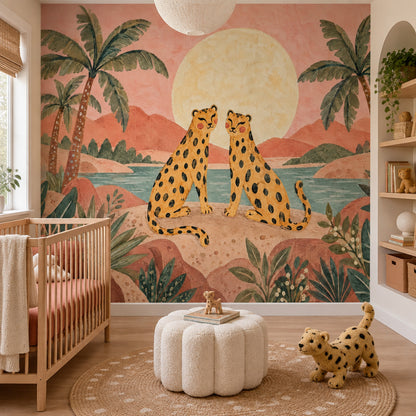Cheetahs And Palms Wallpaper Muted Green Wall Mural
